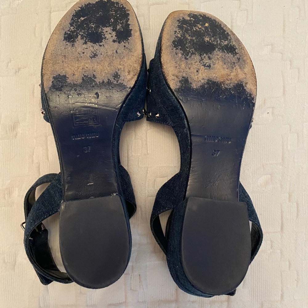 Miu Miu Denim Crystal Chunky Heel Sandals 7* - Picture 8 of 12
